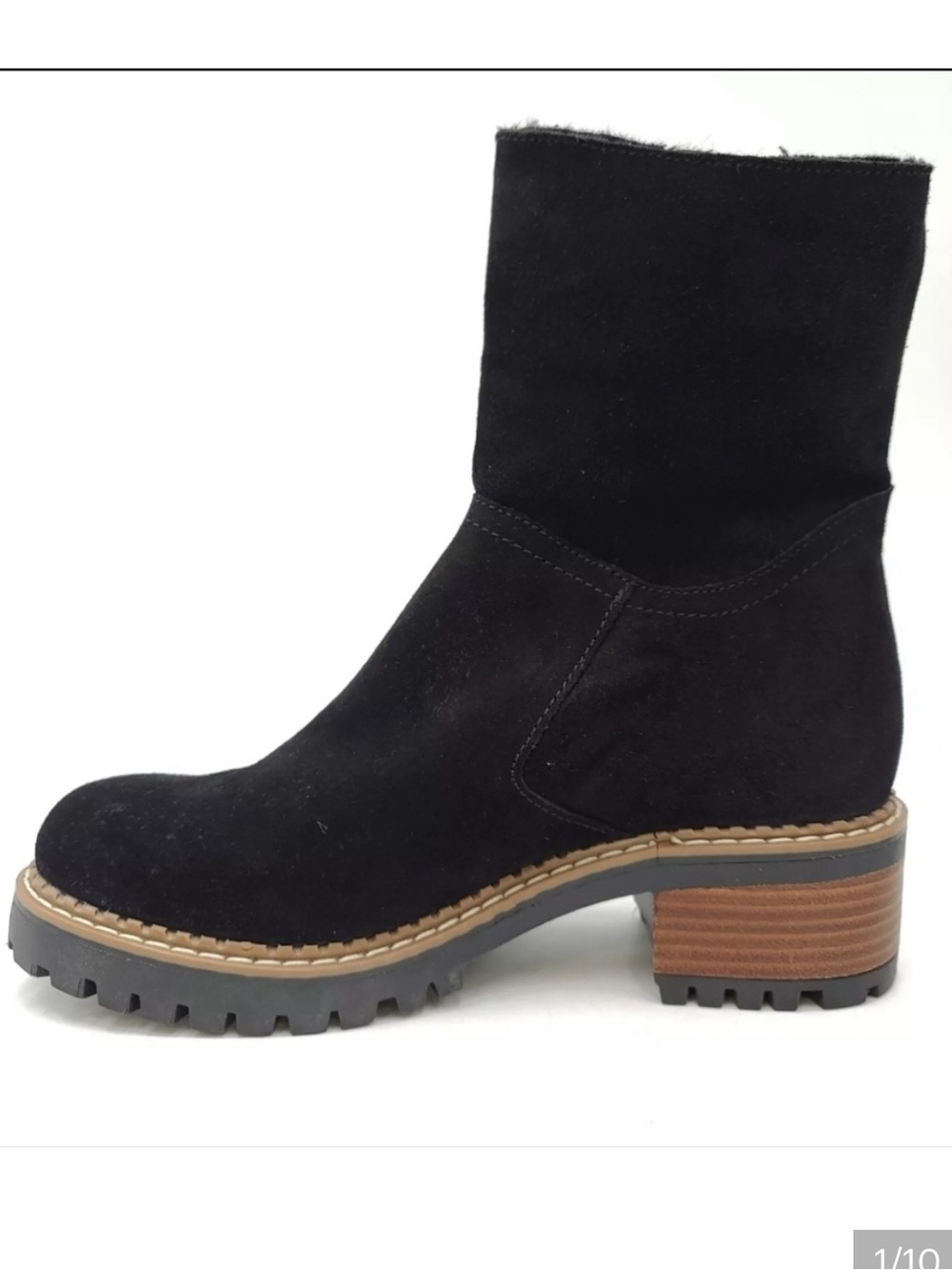 Bertuchi Black Suede Lug Heel Ankle winter Boot, shearling trim, size 6.5
